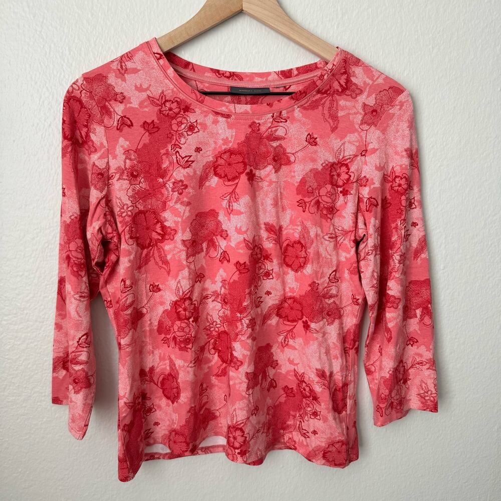 Amber Sun Women's Pink Floral Blouse Stretchy 3/4 Sleeve Size Small/Medium Top
